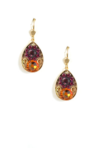 Clara Beau Copper Fuchsia Swarovski crystal Tear Drop Mosaic Gold earrings EG34