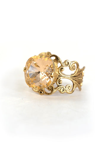 Clara Beau Square Swarovski Royal Filigree Ring Gold lt Peach