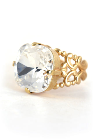 Clara Beau 18mm Swarovski Chunky Filigree Ring Gold Crystal