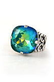 Clara Beau 18mm Square Swarovski Crystal chunky Filigree Ring adjustable silver ultra emerald