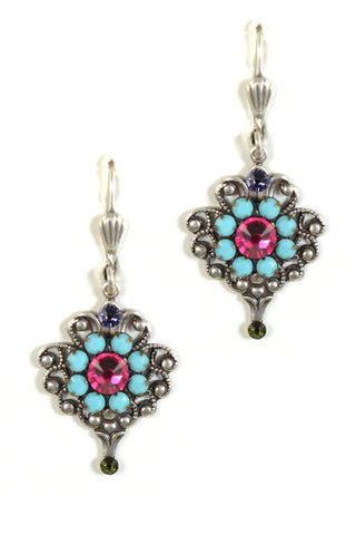 Clara Beau Silver Turquoise Gypsy Filigree Swarovski crystal Mosaic earrings EG51