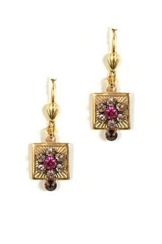 Clara Beau Light Topaz Fuchsia Swarovski crystal Square Mosaic earrings EG63